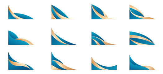 Gold and Blue Curved Wavy Shape Border and Corner Frame Vector Set Collection. Decorative Elements Corners, Borders, and Frames. Elegant Shape for Banners, Certificates, Invitations, and Covers Design