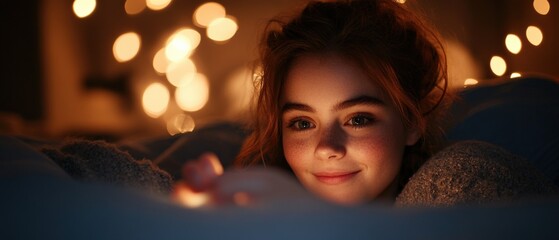 girl smiling in bed with string lights