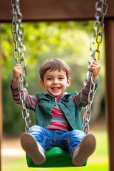 Happy child playing on swing in outdoors in Spring