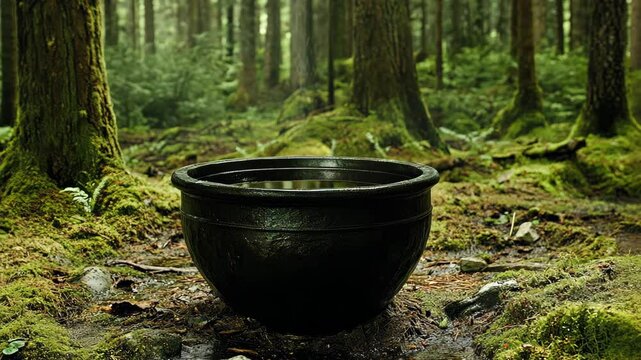 Mysterious black cauldron surrounded by lush greenery in a dense forest at twilight