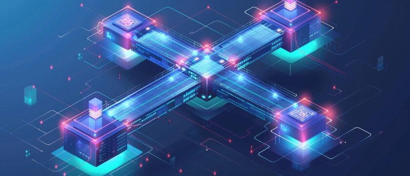 Isometric multi-network bridge visualization, parallel systems linked by glowing paths, secure transfer protocols, minimal tech design.