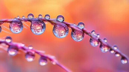 Dewdrops on plant stems reflecting autumn colors.