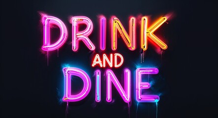 Obraz premium drink and dine colorful neon graffiti lettering on plain black background