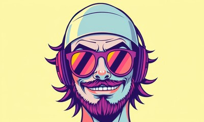 Fototapeta premium Vivid illustration of a cheerful cartoon character with sunglasses and headphones, showcasing vibrant urban style and playful modern design