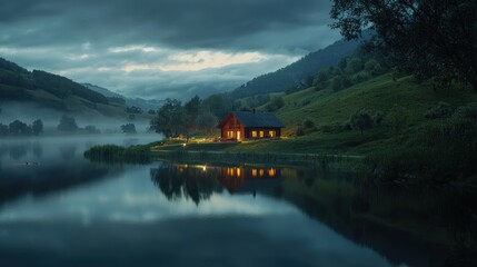 Fototapeta premium Lakeside cabin at twilight, reflecting in calm water.
