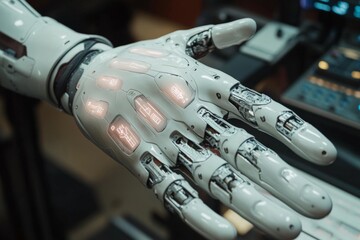 Advanced robotic hand displaying intricate design and technology during demonstration in a futuristic lab setting