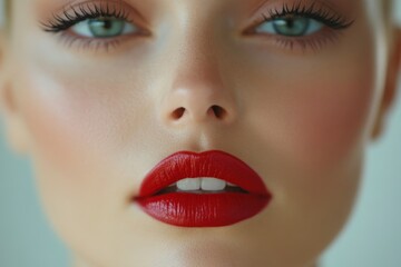 Beauty close-up showcasing flawless skin and striking red lips in a soft, natural setting