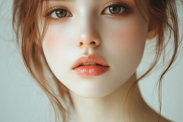 Fototapeta premium Young woman with delicate features and soft makeup captured in a serene, natural light setting