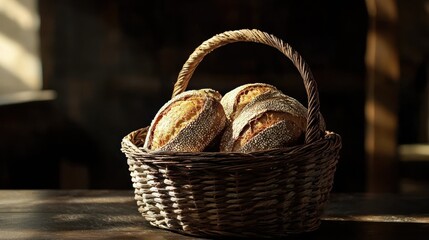 Obraz premium Rustic wicker basket filled with three loaves of artisan bread on a dark wooden table.