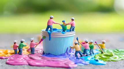 Fototapeta premium Miniature painters mixing paint outdoors
