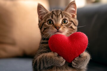 Cute serengeti feline infant with diamond red heart at cozy quarters. Serengeti - my cherished cat, symbol of care. Digital ads animal visual idea. Valentine's day adorable pet. Love and meow.