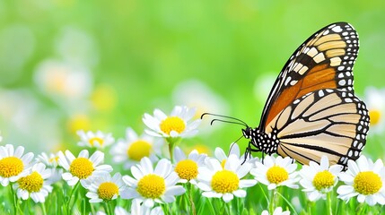Orange Butterfly on White Daisies in Green Field