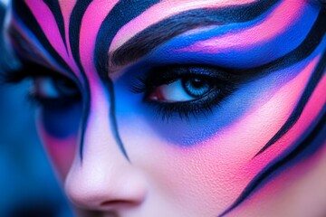 Striking close-up of vibrant face paint showcasing artistic patterns in bold colors
