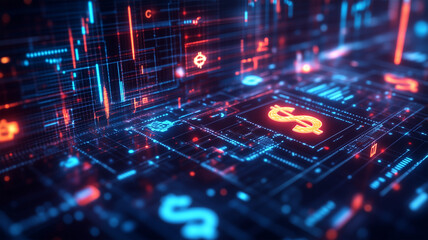 Obraz premium 世界の通貨記号がブロックチェーンでつながる未来の経済システム