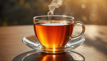 Elegant Clear Glass Teacup with Amber Tea – Sunlit Minimalist Design, Warm Tones, and Crisp Reflection