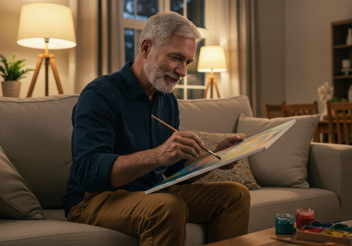 Retired Man Creating Art on Sofa &ndash; Relaxed Home Painting Moment