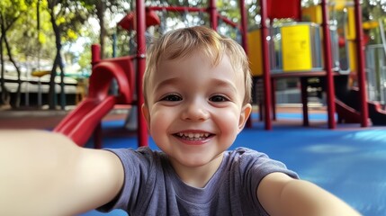 Happy child playing in playground in Spring