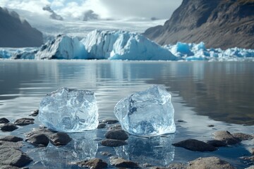 Ice formations and glacier landscape reflected in calm water at a glacial lake during daytime