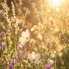 Fototapeta premium Golden hour sunlight illuminates wildflowers in a meadow.