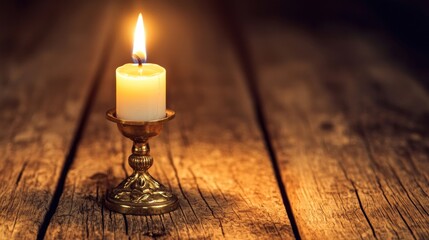Lit candle in antique brass candlestick on rustic wooden table.
