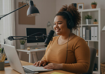 Confident Biracial Woman Hosting Podcast from Home – Plus Size Representation