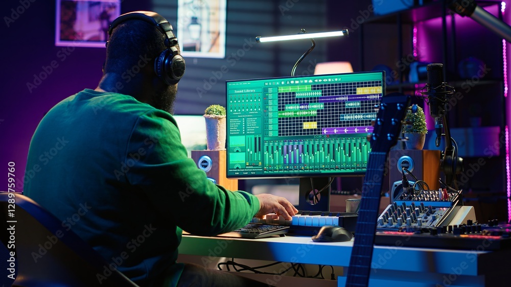 Poster producer composing new music on acoustic instrument in home studio, using microphone to sing chords.