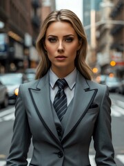 Fototapeta premium Attractive adult american gal in gray themed formal suit portrait on busy city street background, facing front and looking serious