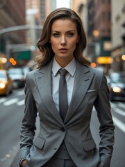 Fototapeta premium Attractive adult american gal in gray themed formal suit portrait on busy city street background, facing front and looking serious