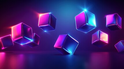Floating Neon Illuminated Cubes Displayed With Reflective Surfaces