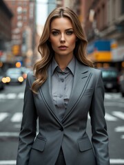 Attractive adult american gal in gray themed formal suit portrait on busy city street background, facing front and looking serious