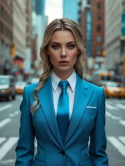 Fototapeta premium Attractive adult american gal in cyan themed formal suit portrait on busy city street background, facing front and looking serious