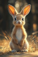 Fototapeta premium Adorable Young Rabbit Sitting in Sunlit Meadow with Soft Fur and Large Ears Captured in Tranquil Natural Setting on a Bright Day
