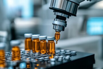 Advanced robotic system dispensing liquid into vials within a laboratory setting during the day