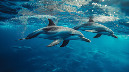 Obraz premium Playful dolphins gliding through tropical waters with sunlight reflections