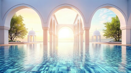 Tranquil Sunrise Over Serene Pool Surrounded by Architectural Arches