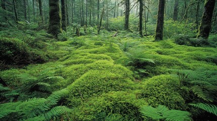 Obraz premium Lush green moss carpet in a temperate rainforest, ferns and tall trees.