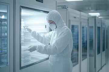 Technician in protective gear working in a controlled laboratory environment handling samples in a freezer