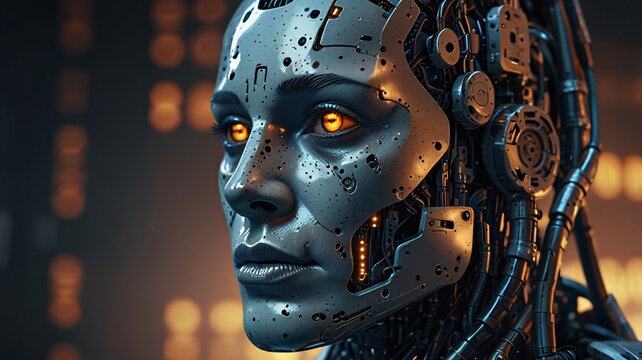 A close-up portrait of a futuristic AI robot, ultra-detailed face with human-like expressions, glowing matrix code in the background