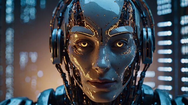 A close-up portrait of a futuristic AI robot, ultra-detailed face with human-like expressions, glowing matrix code in the background