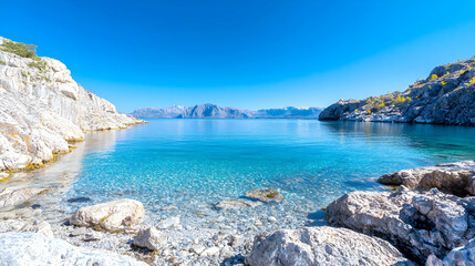 Fototapeta premium Calm turquoise bay, clear water, rocky shore, mountains background, travel brochure
