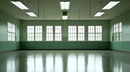 Obraz premium Empty Green Room with Many Windows and Shiny Floor