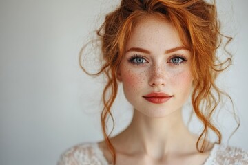 Naklejka premium Young woman with vibrant red hair and striking blue eyes poses against a light background showcasing natural beauty and charm
