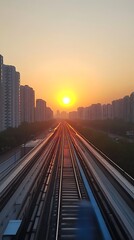 Fototapeta premium Railway tracks and buildings are shown during a beautiful sunset