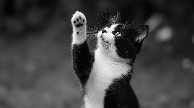 Curious black and white tuxedo cat raising paw in air against blurred green background