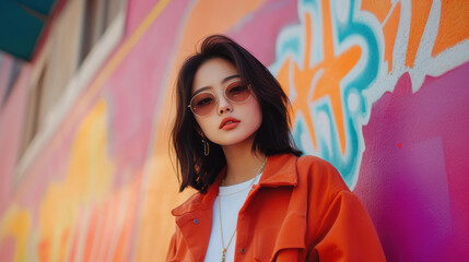Fototapeta premium Young Asian woman in sunglasses poses confidently in front of colorful mural, showcasing vibrant urban style and dynamic expression