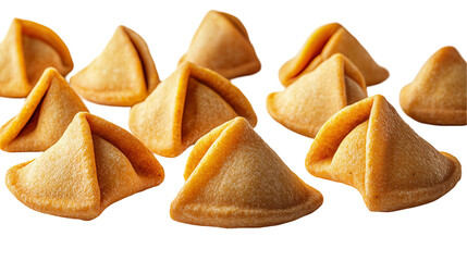 Fortune cookies in multiple angles, some cracked open with blank notes inside, golden crispy wafer pastry, classic Asian dessert, isolated on transparent background 