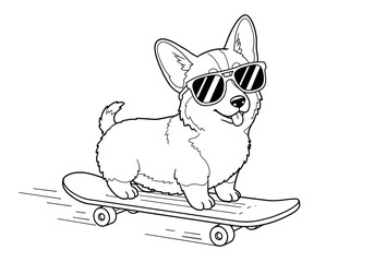 Black and white coloring book illustration, a playful corgi puppy wearing sunglasses, sitting on a skateboard