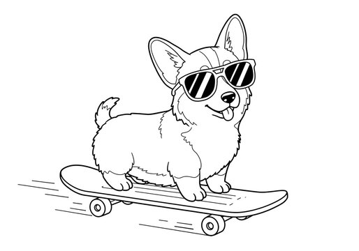 Black and white coloring book illustration, a playful corgi puppy wearing sunglasses, sitting on a skateboard