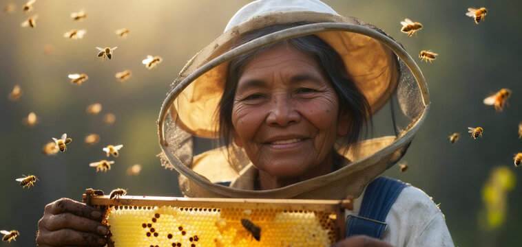 Senior Beekeeper Smiling Amidst Swarming Bees with Honeycomb Frame