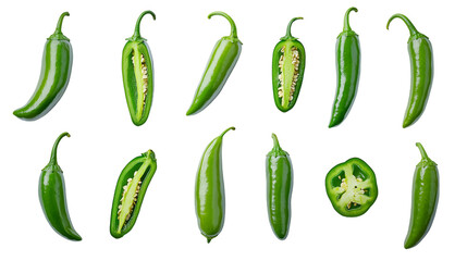 Fresh green chili peppers in various angles, whole, sliced, and grouped, spicy vegetable presentation, isolated on transparent background 